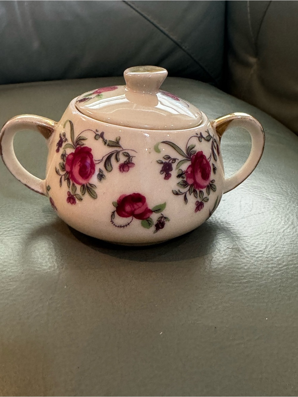 Pink Floral Ceramic Sugar Bowl with Lid and Gold Accents